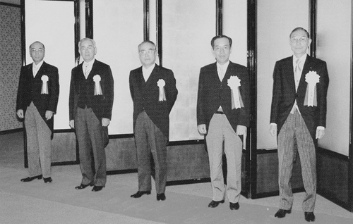 The newly appointed President Shozo Nagase (right) and Executive Vice President Hideo Nagase (second from right) at the 150th anniversary party