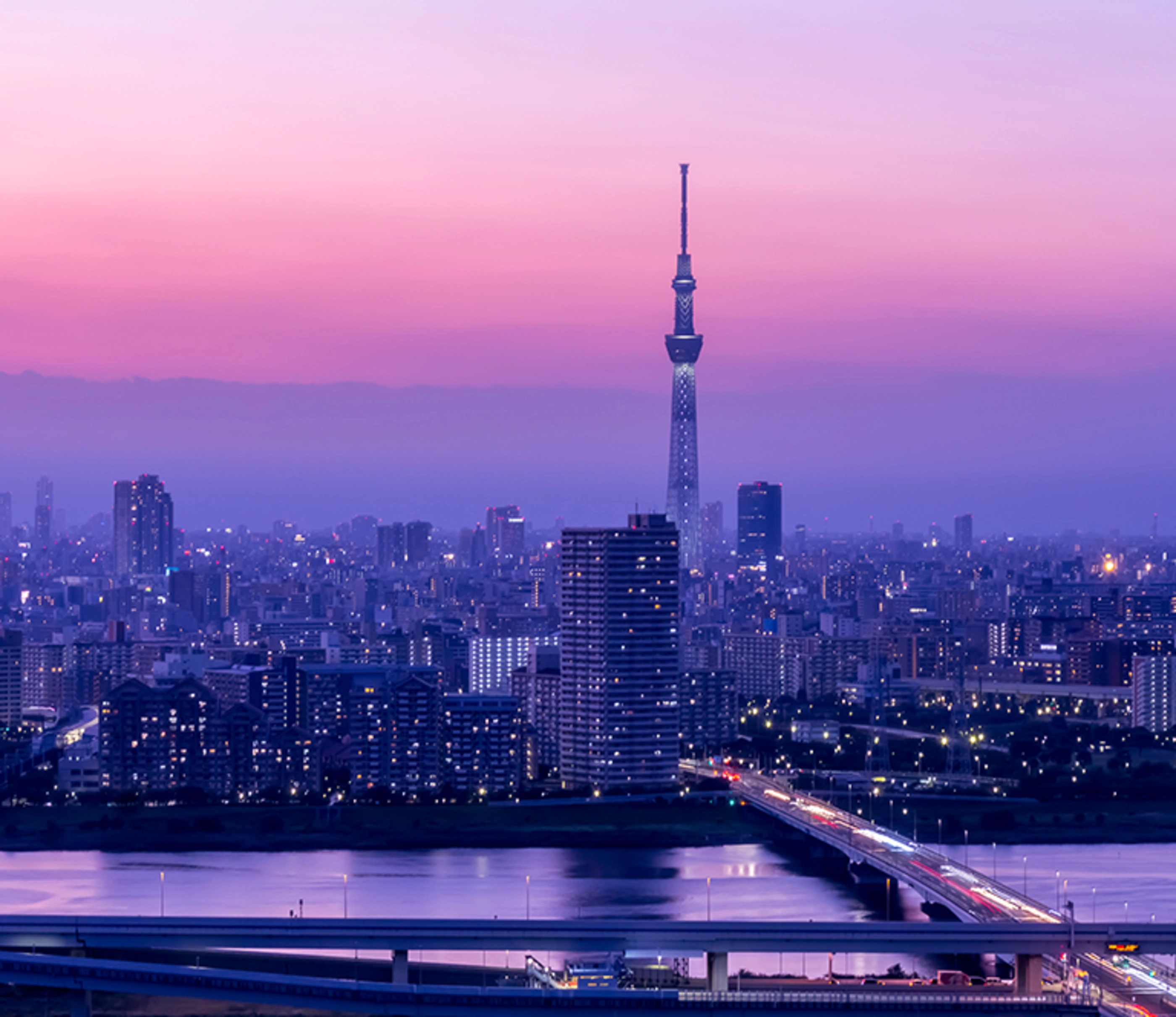 Tokyo city aerial view with sky tree and skyscrapers, highway roads illuminated, over tokyo bay Japan at dusk.