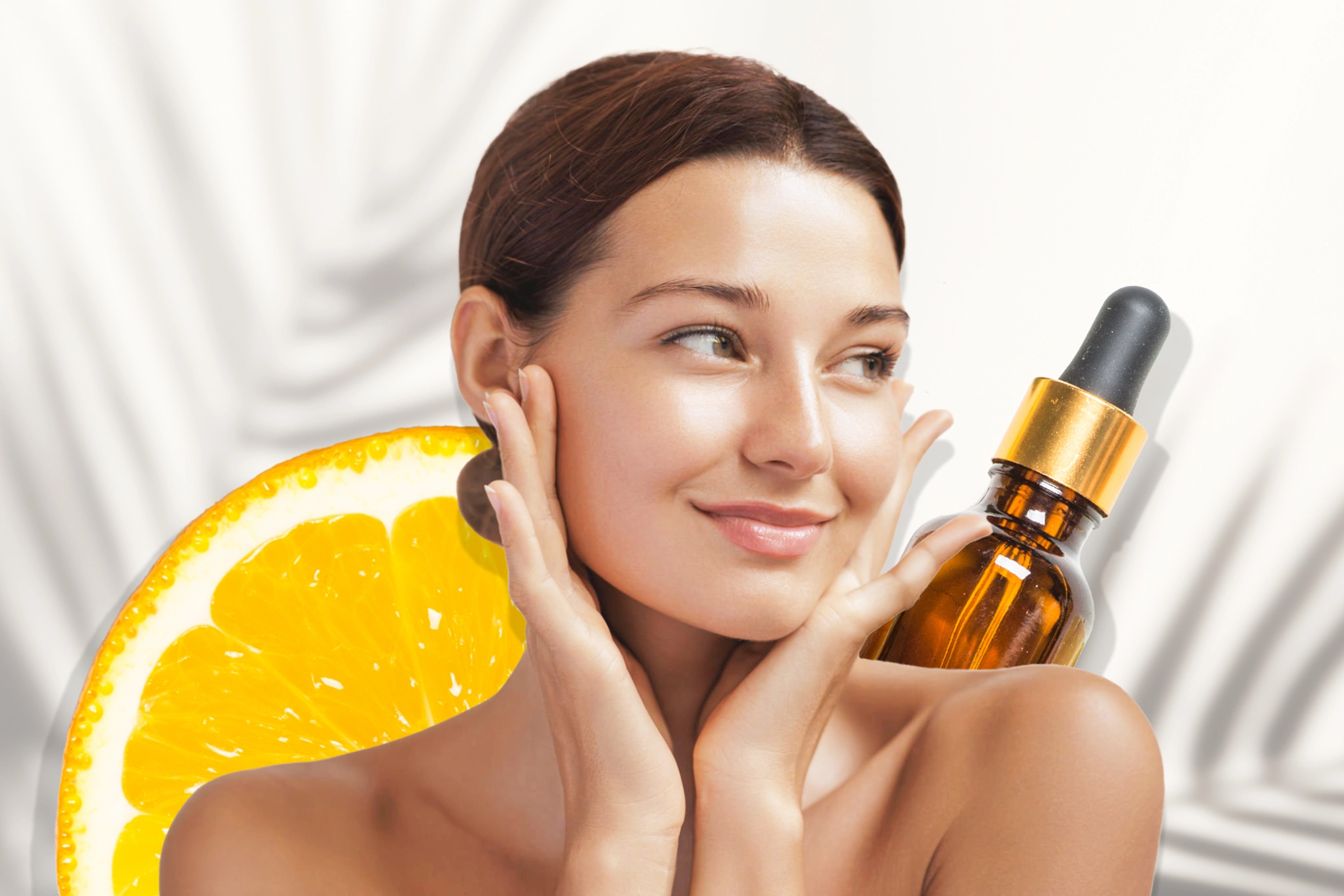 Happy beautiful young adult woman showing her perfect face with healthy shiny skin. Beauty photo of gorgeous girl after morning beauty cosmetic routine finishes daily makeup on pink background. Youth and skin care concept. High-quality studio photo