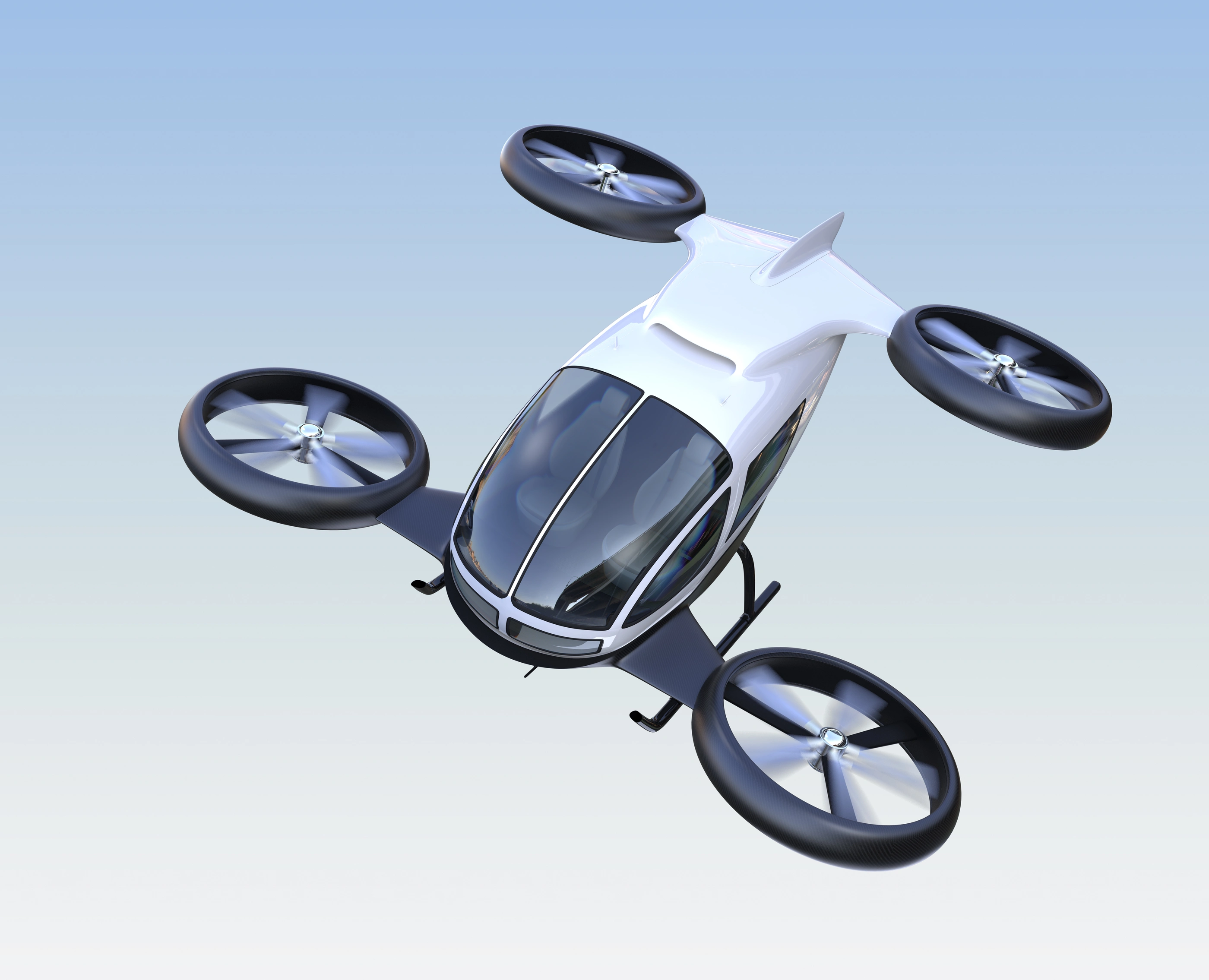 Front view of self-driving passenger drone flying in the sky. 3D rendering image. Original design.