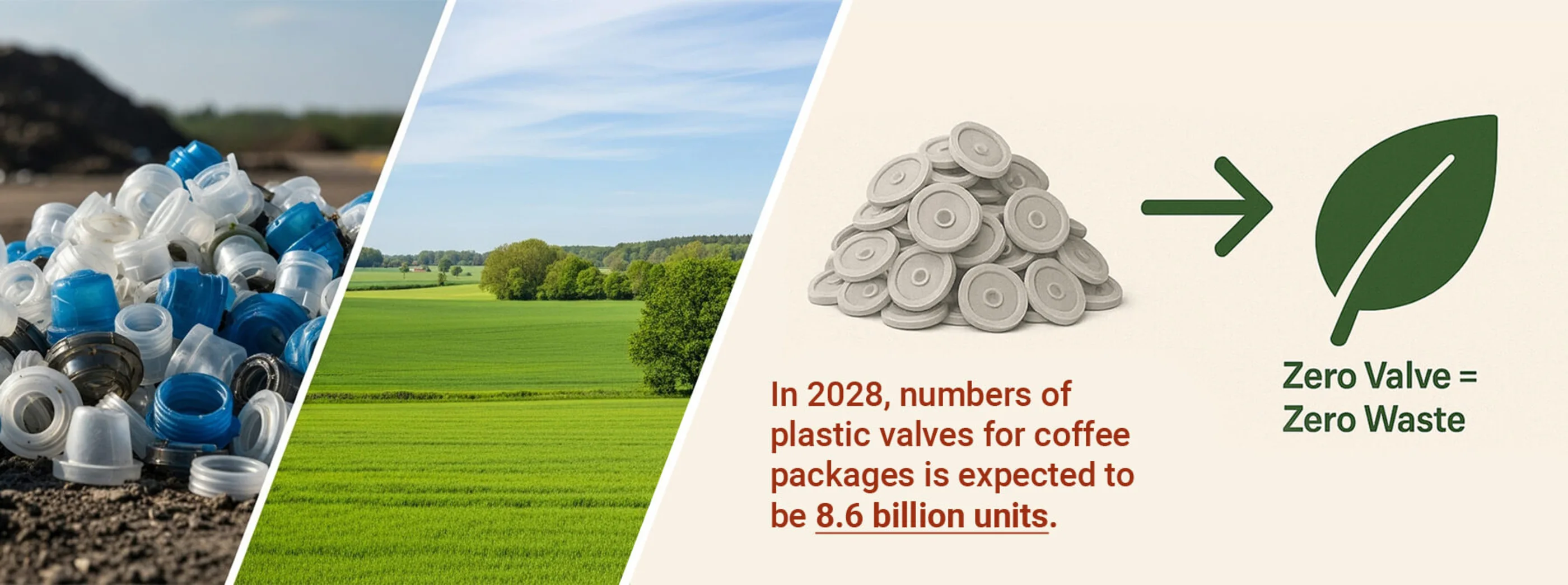 In 2028, numbers of plastic valves for coffee packages is expected to be 8.6 billion units. Zero valvle = Zero waste