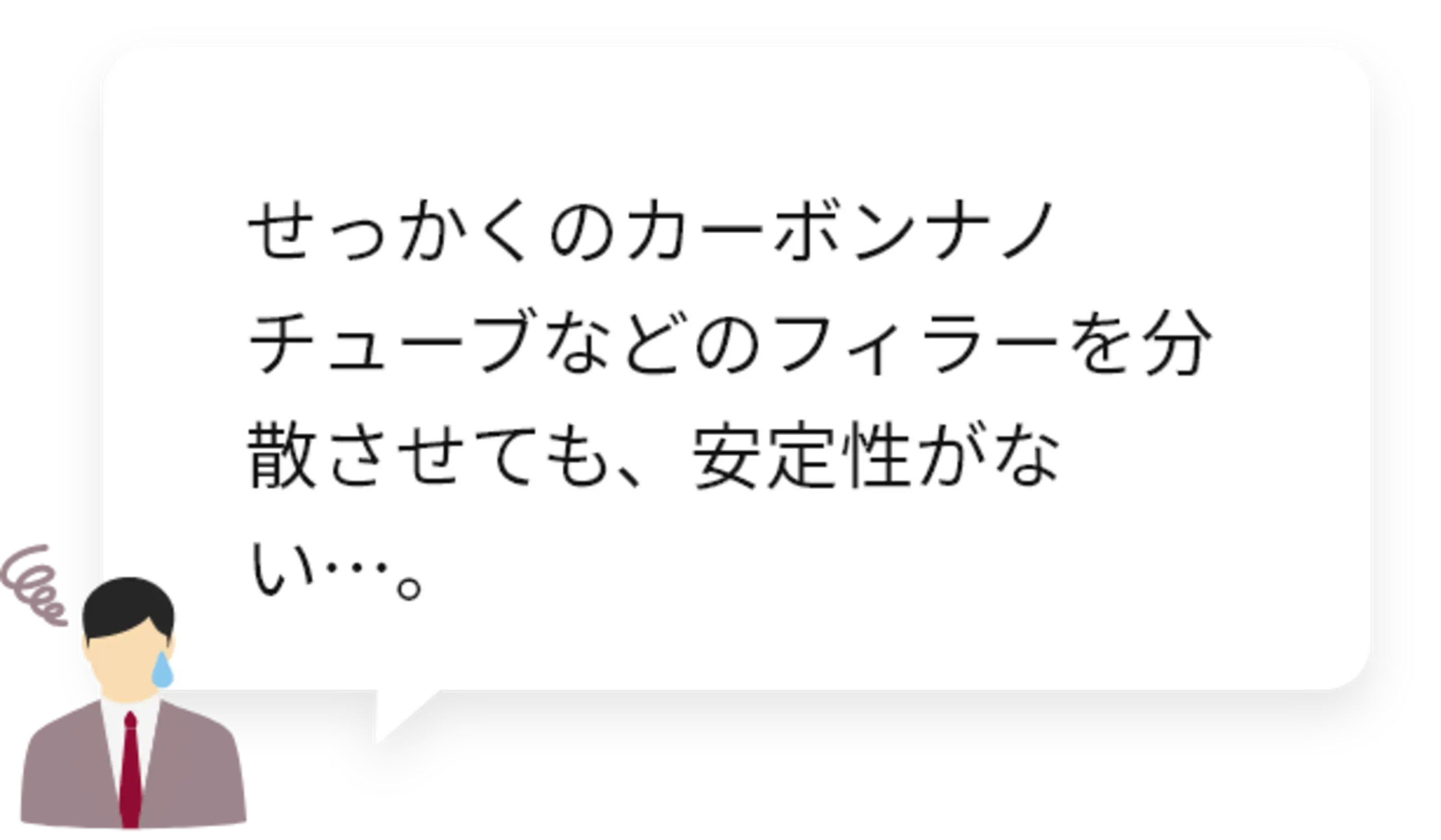 せっかくのカーボンナノチューブなどのフィラーを分散させても、安定性がない