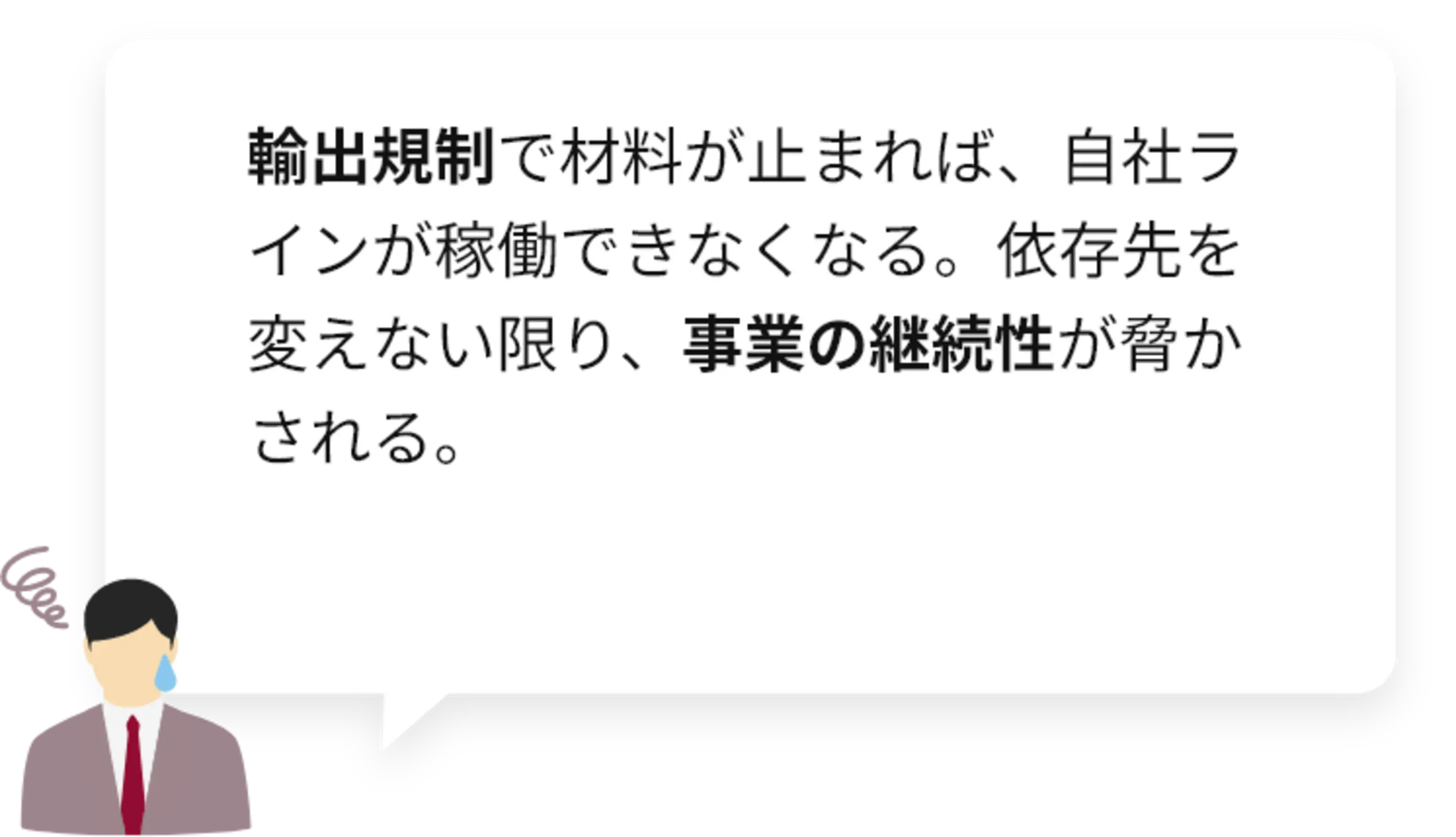輸出規制で​材料が​止まれば、​自社ラインが​稼働できなくなる。​依存先を​変えない​限り、​事業の​継続性が​脅かされる。