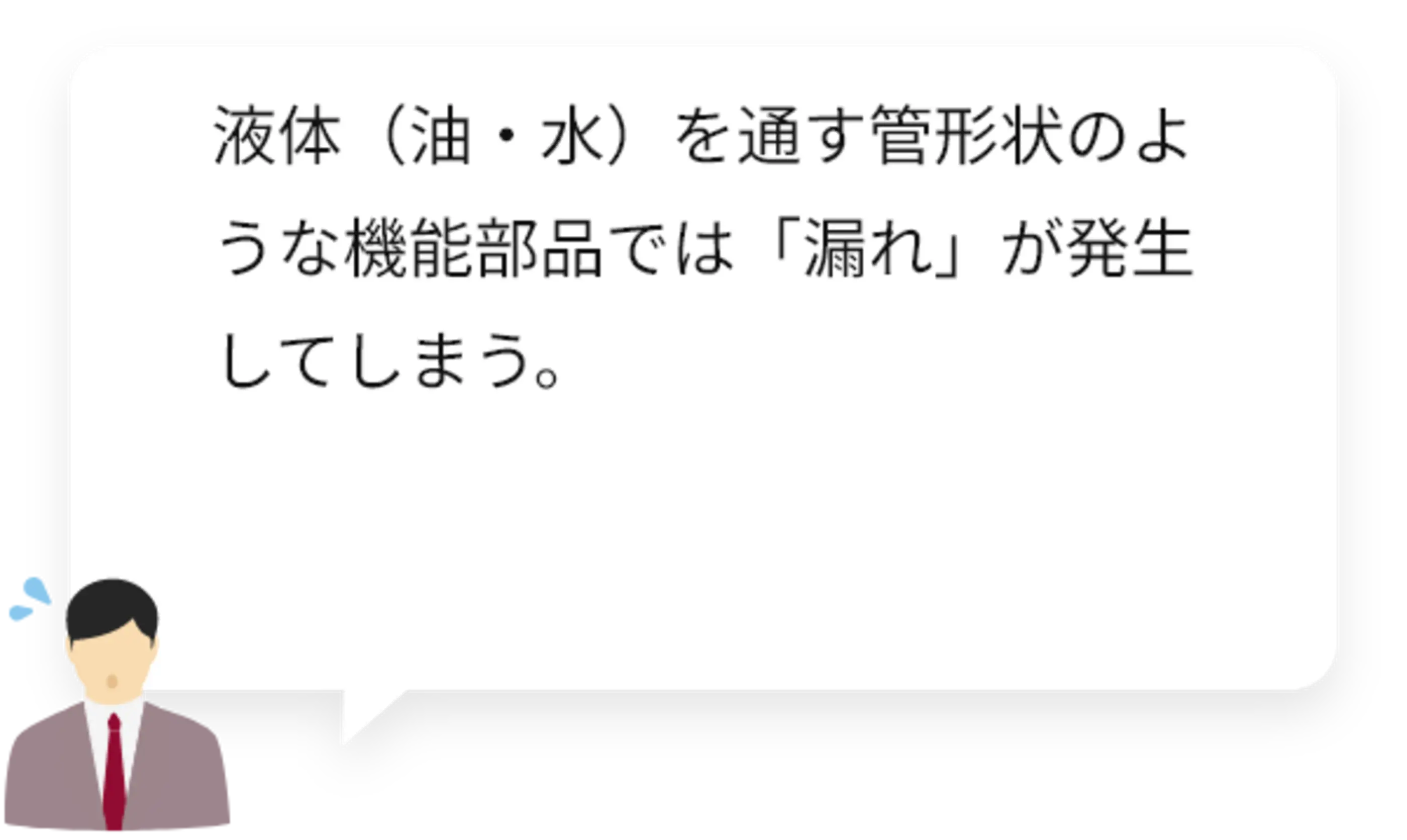 液体（油・水）を通す管形状のような機能部品では「漏れ」が発生してしまう。