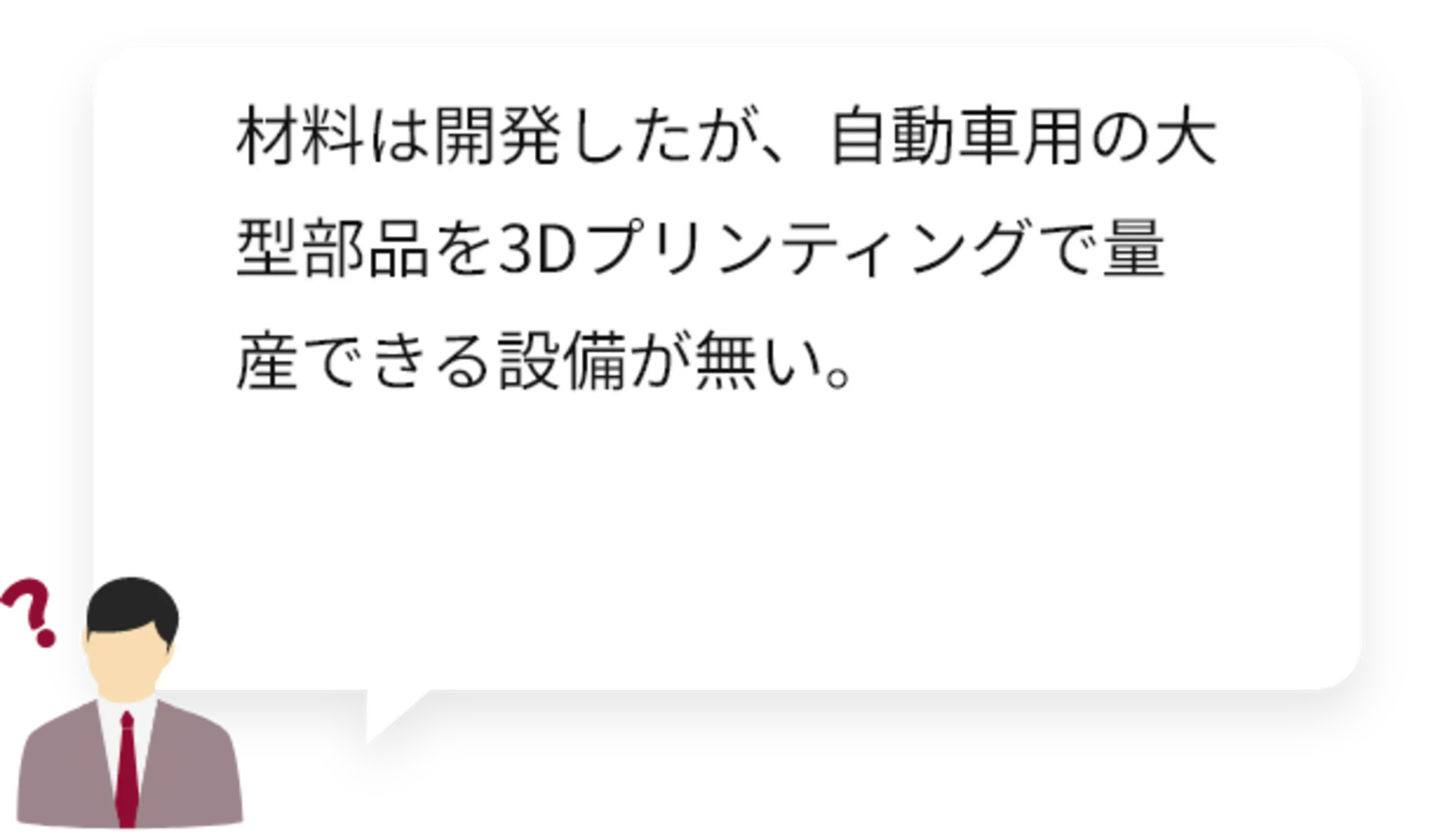 材料は開発したが、自動車用の大型部品を3Dプリンティングで量産できる設備が無い。