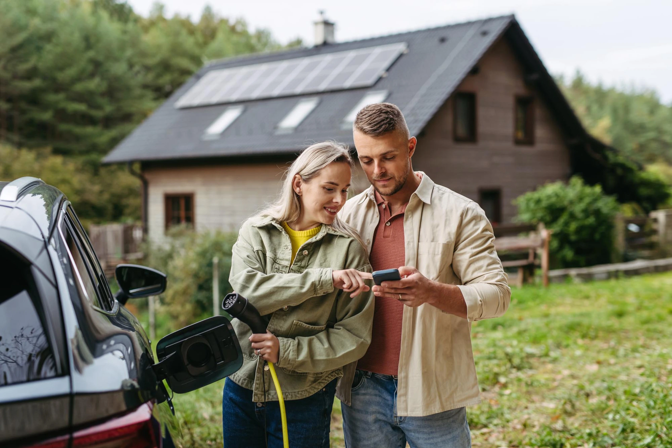 Man and woman charging electric car