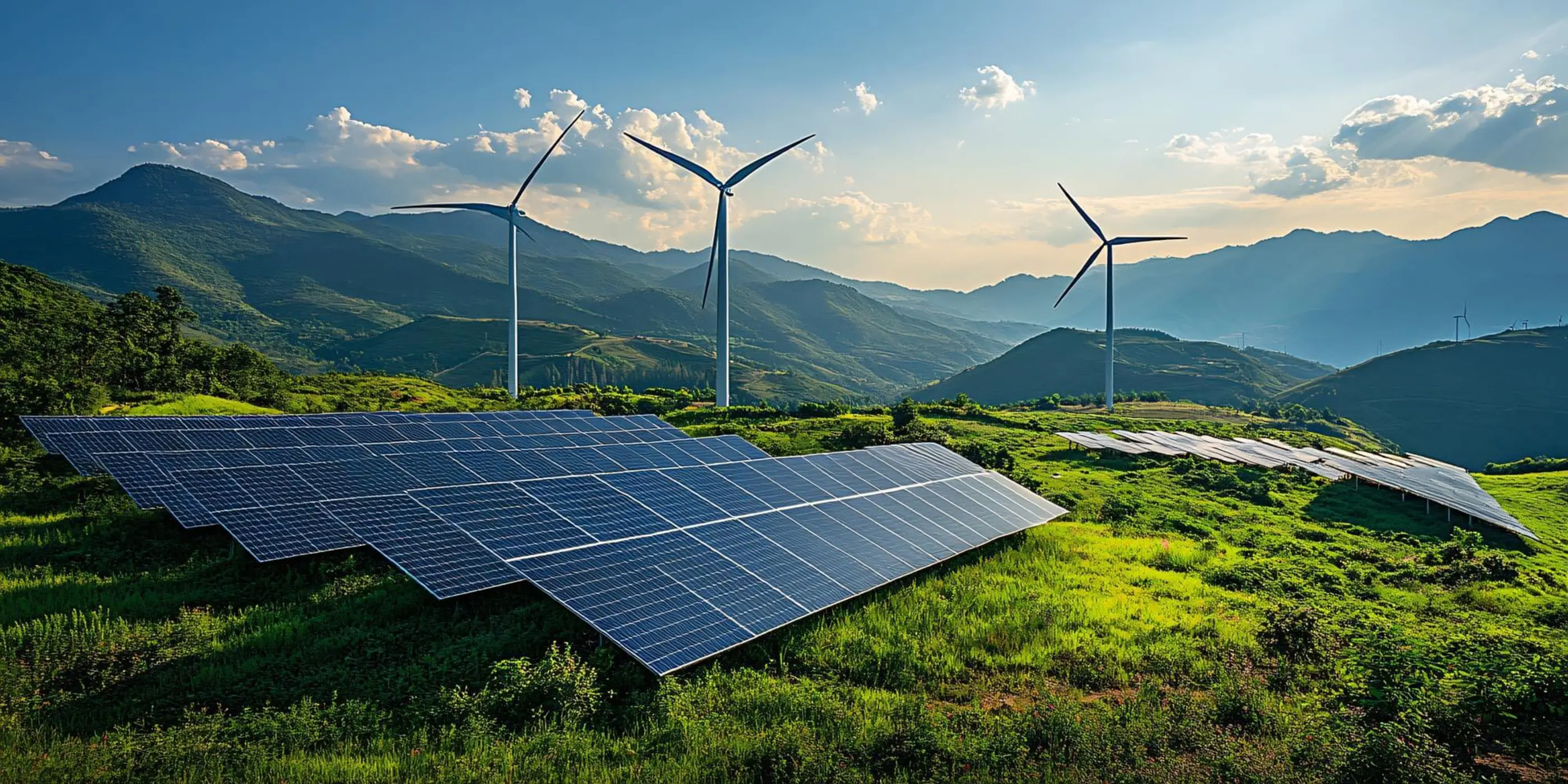 solar panels and wind turbines in a field