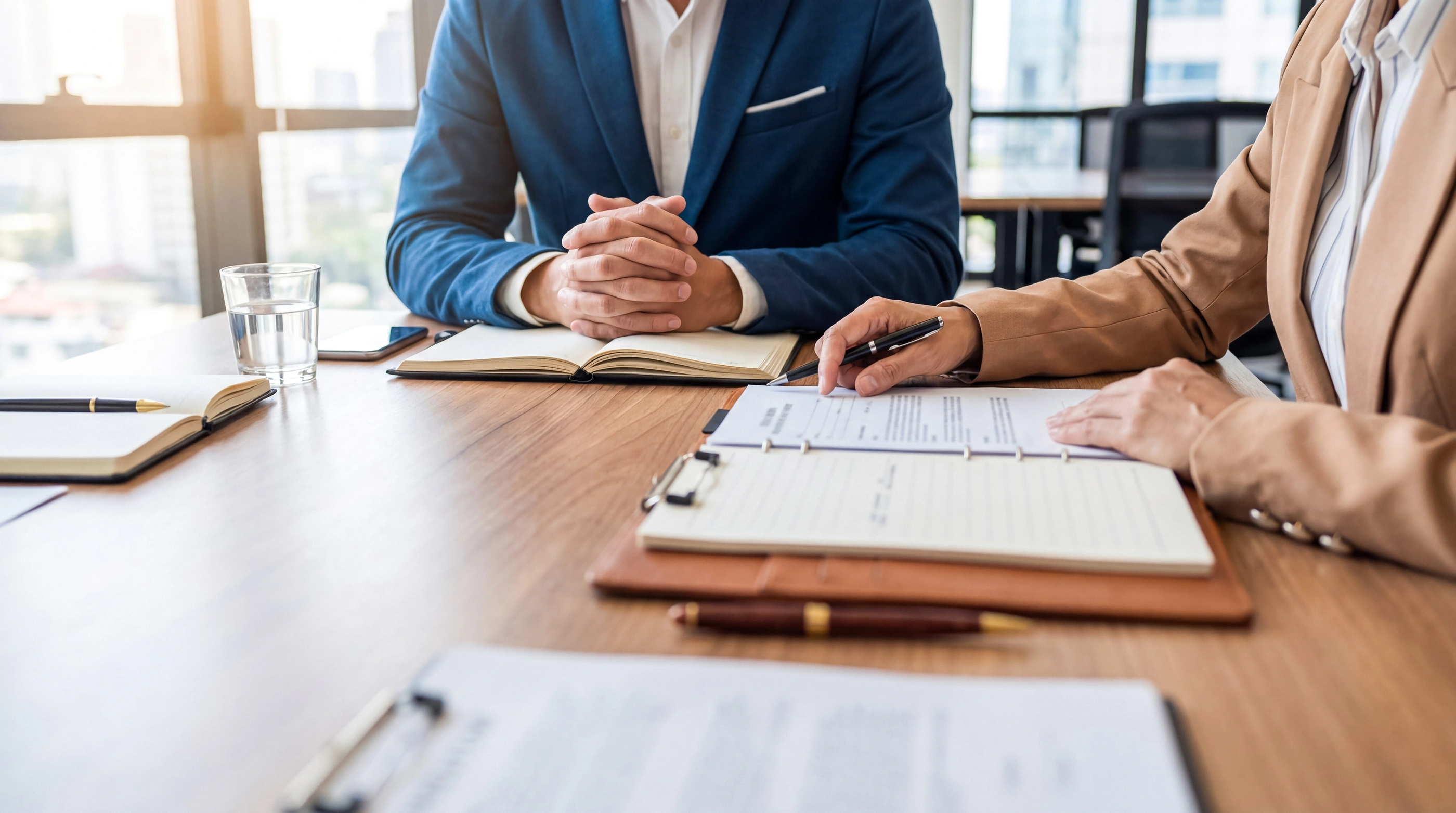 Two business professionals meticulously reviewing documents and discussing contract details at a modern office table.