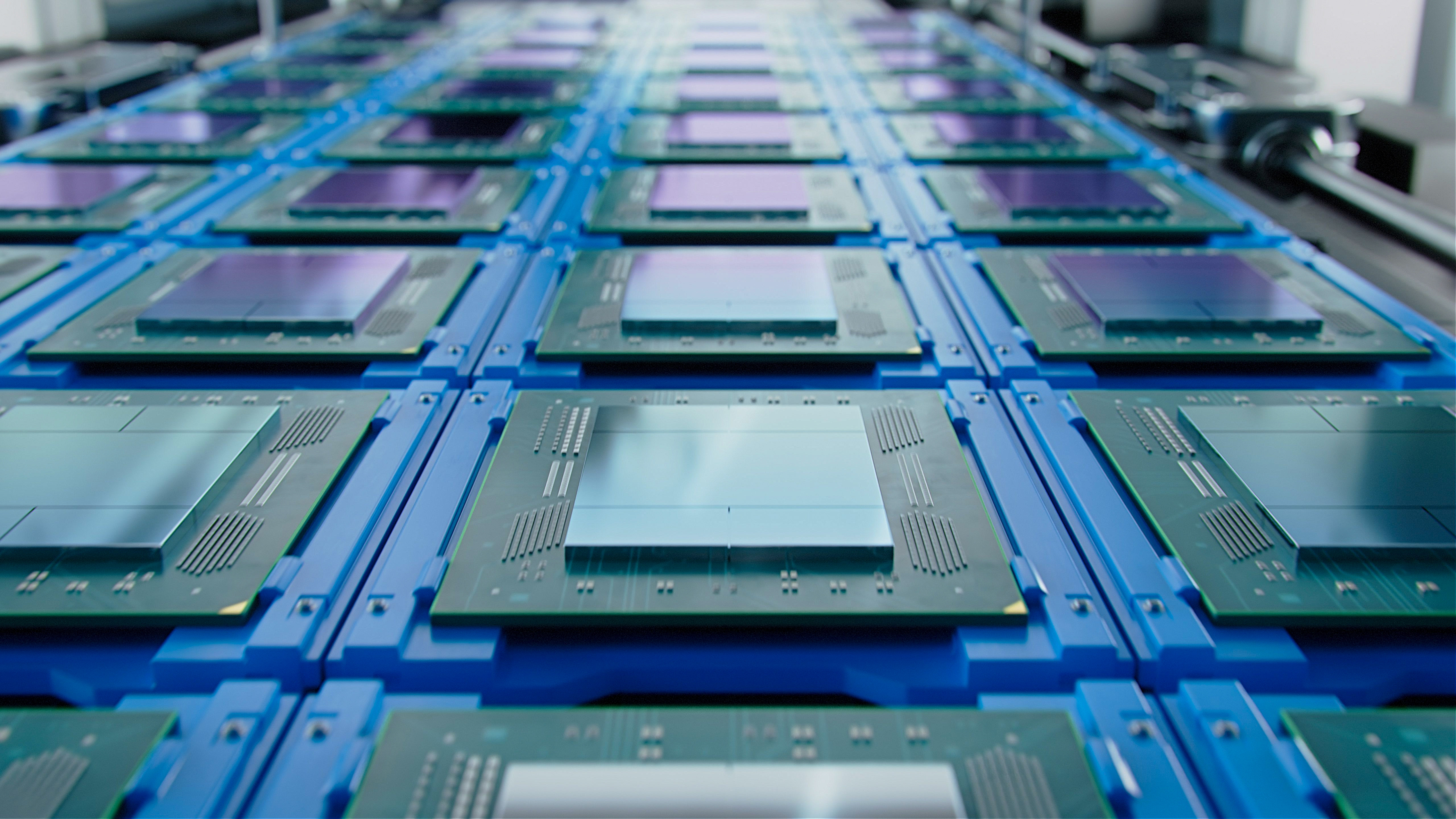 Shot of Computer Processor Production Line at Advanced Semiconductor Foundry in Bright Environment.