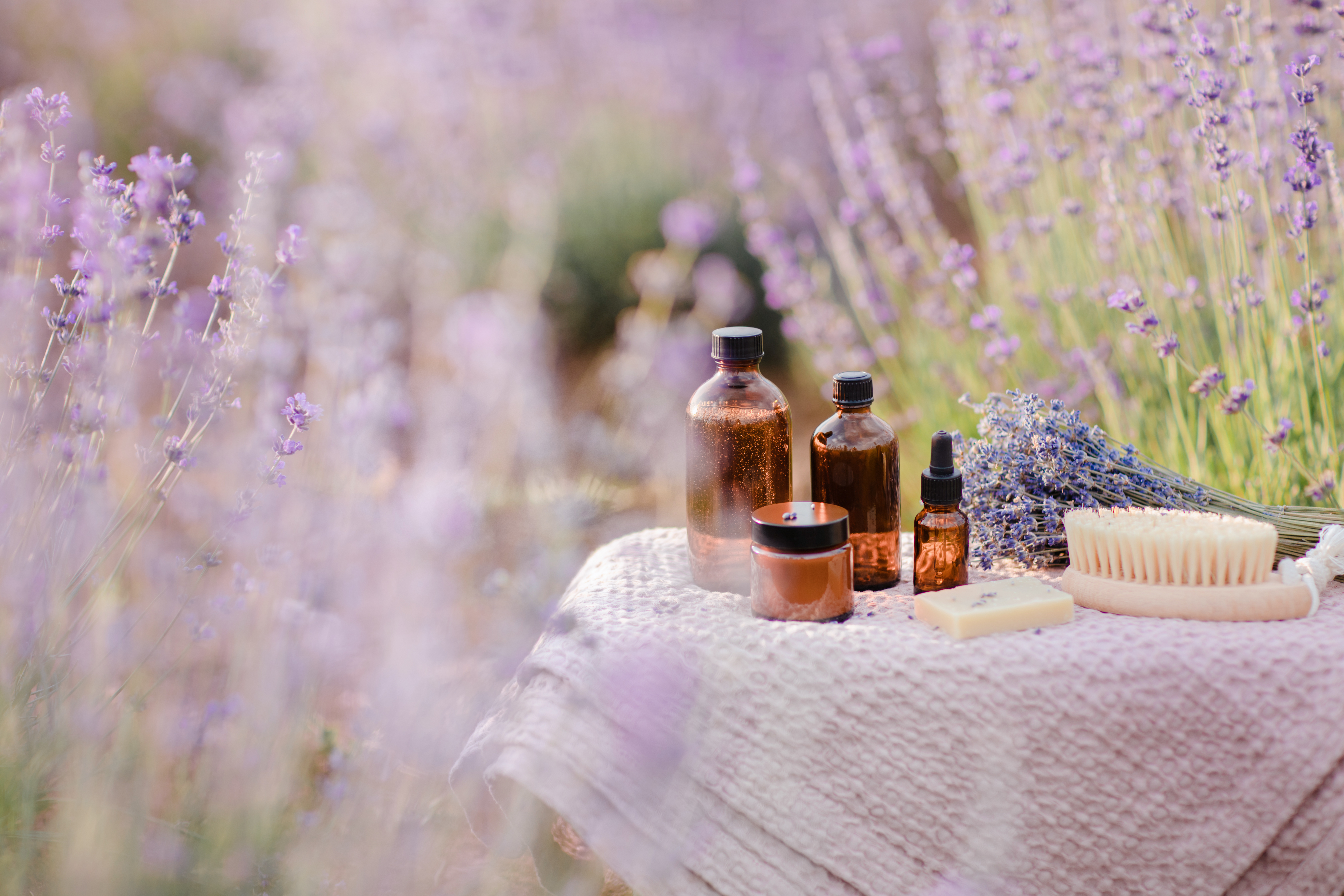 Organic cosmetics bottles, essential oil and soap in lavender field in the summer. Aromatherapy. Skincare concept.